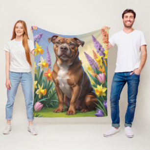 American Staffordshire Dog Spring Flowers Painting Fleece Blanket