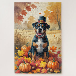 American Staffordshire in Autumn Leaves Jigsaw Puzzle