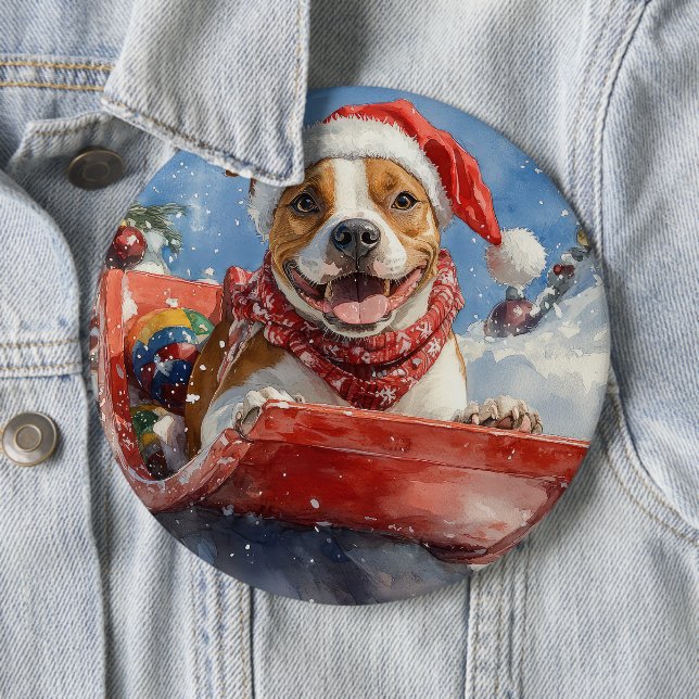 American Staffordshire in Sledge Christmas Button (In Situ)