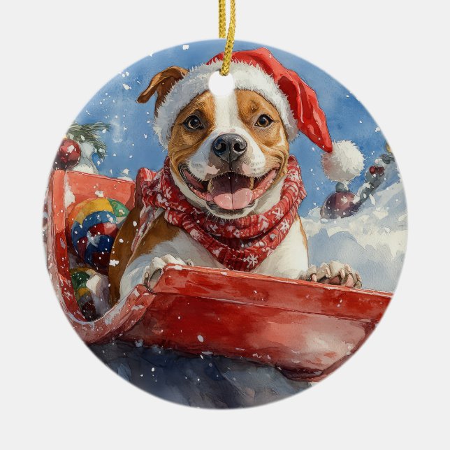 American Staffordshire in Sledge Christmas Ceramic Ornament (Front)