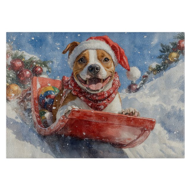 American Staffordshire in Sledge Christmas Cutting Board (Front)