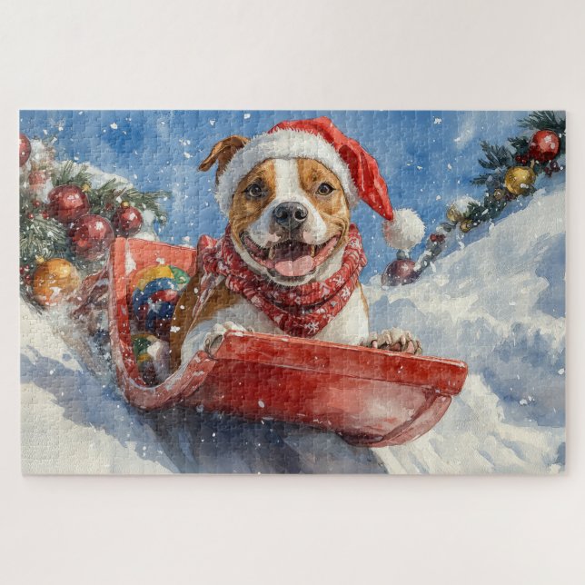 American Staffordshire in Sledge Christmas Jigsaw Puzzle (Horizontal)