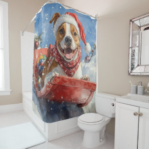 American Staffordshire in Sledge Christmas Shower Curtain