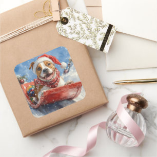 American Staffordshire in Sledge Christmas Square Sticker