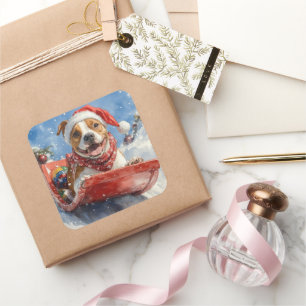 American Staffordshire in Sledge Christmas Square Sticker