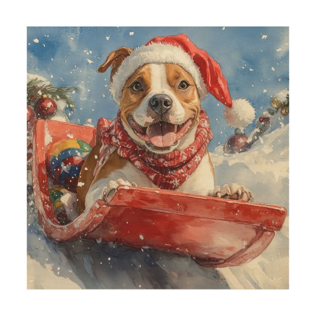 American Staffordshire in Sledge Christmas Wood Wall Art (Front)