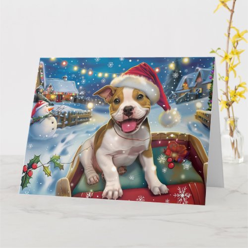 American Staffordshire in Sleigh Snow Christmas Card