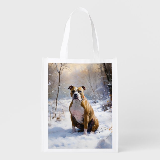 American Staffordshire Let It Snow Christmas  Grocery Bag (Front)