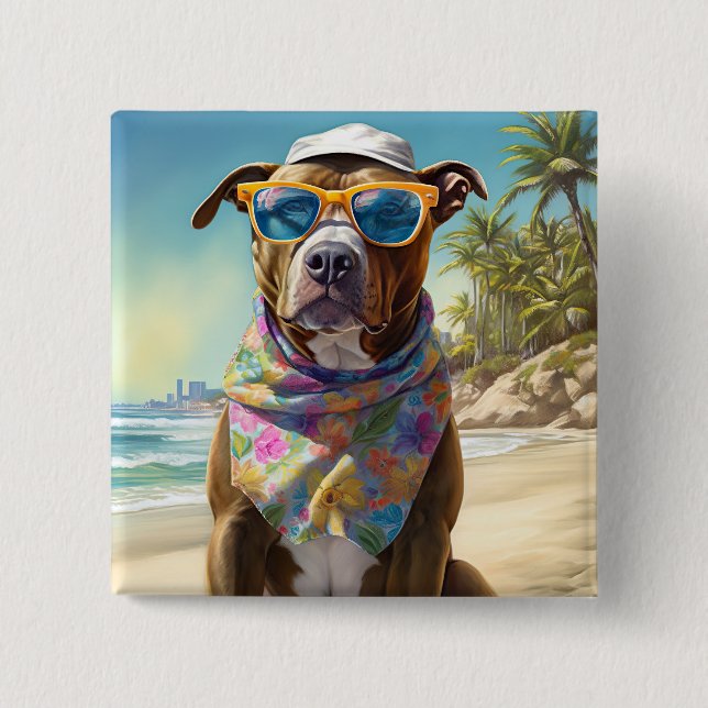 American Staffordshire on Beach,summer gift Button (Front)