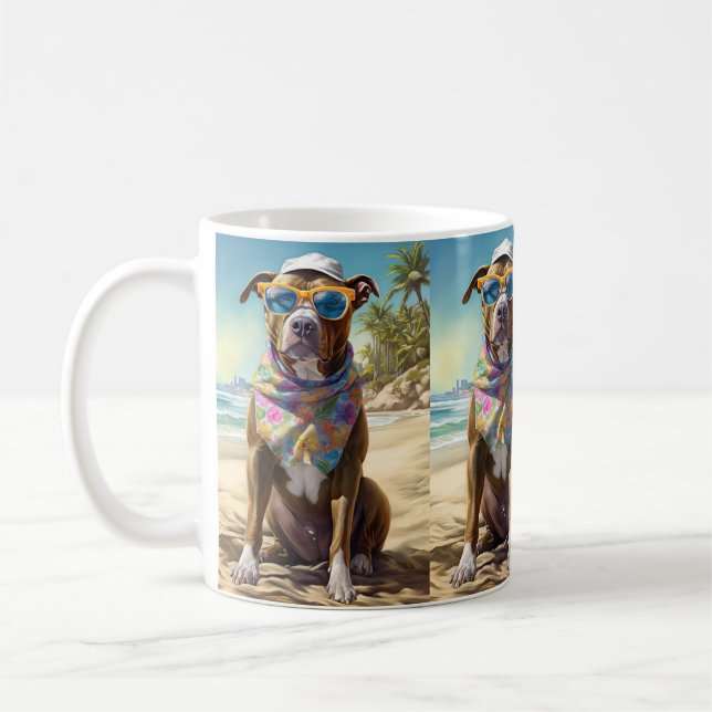 American Staffordshire on Beach,summer gift Coffee Mug (Left)