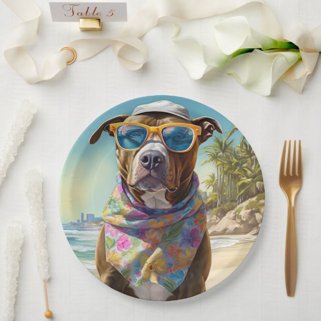 American Staffordshire on Beach,summer gift Paper Plates (Wedding)