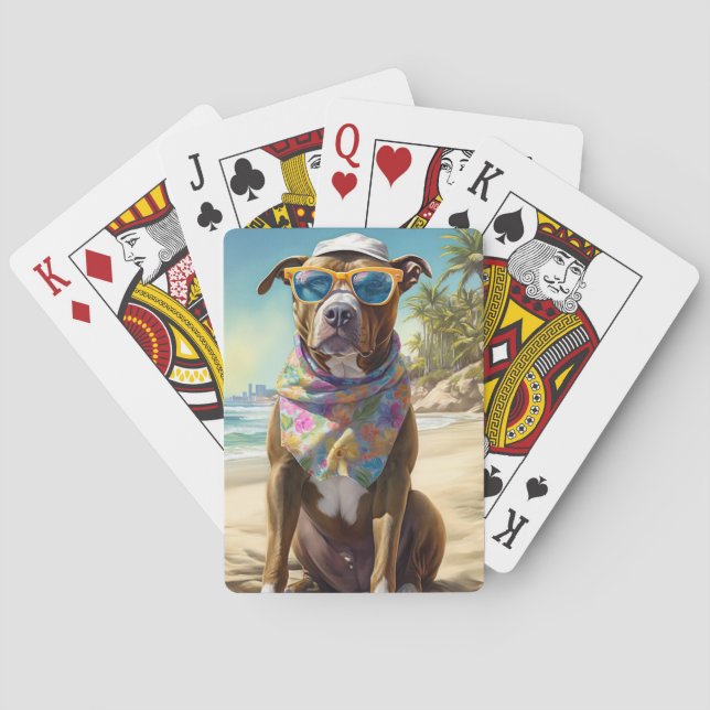 American Staffordshire on Beach,summer gift Poker Cards (Back)
