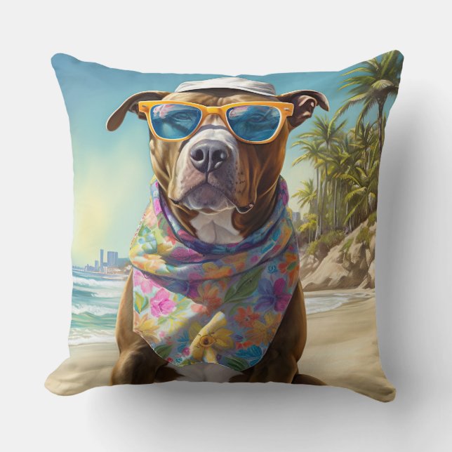 American Staffordshire on Beach,summer gift Throw Pillow (Front)