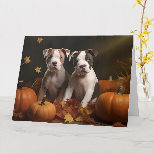 American Staffordshire Puppy Autumn Delight Card (Yellow Flower)