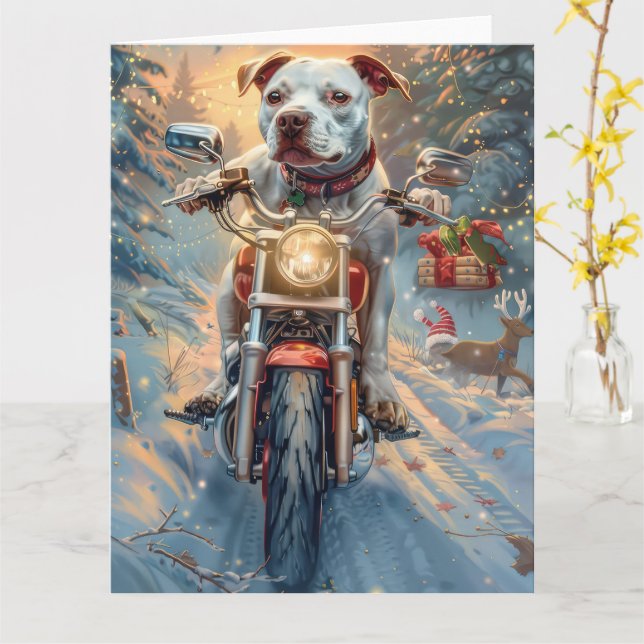 American Staffordshire Riding Motorcycle Christmas Card (Yellow Flower)