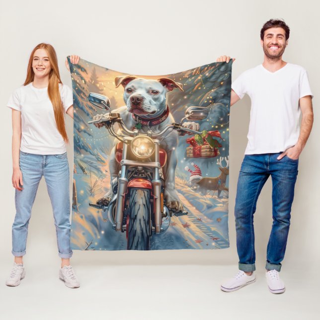 American Staffordshire Riding Motorcycle Christmas Fleece Blanket (In Situ)