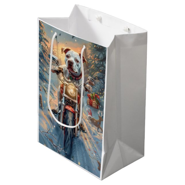 American Staffordshire Riding Motorcycle Christmas Medium Gift Bag (Front Angled)