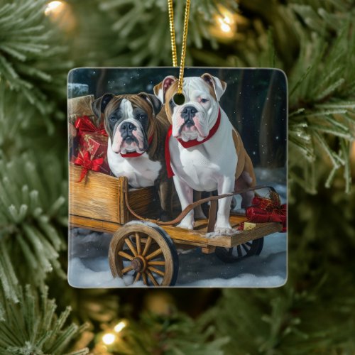 American Staffordshire Snowy Sleigh Christmas  Ceramic Ornament