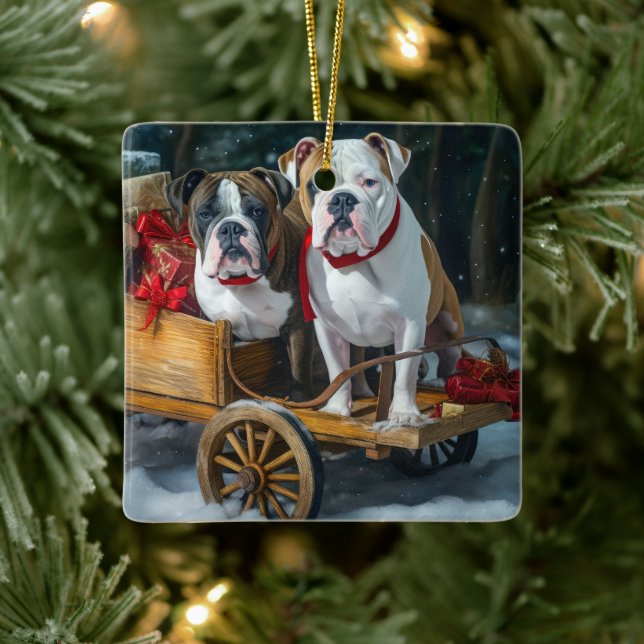American Staffordshire Snowy Sleigh Christmas  Ceramic Ornament (Tree)