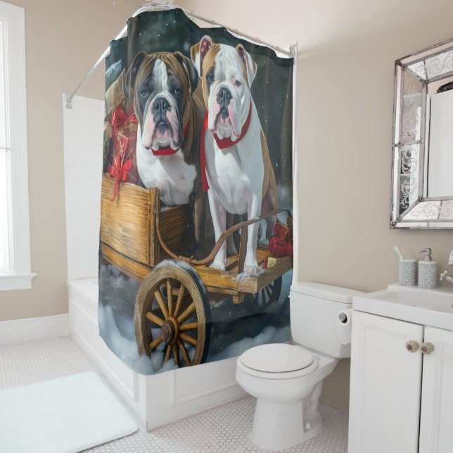 American Staffordshire Snowy Sleigh Christmas  Shower Curtain (In Situ)