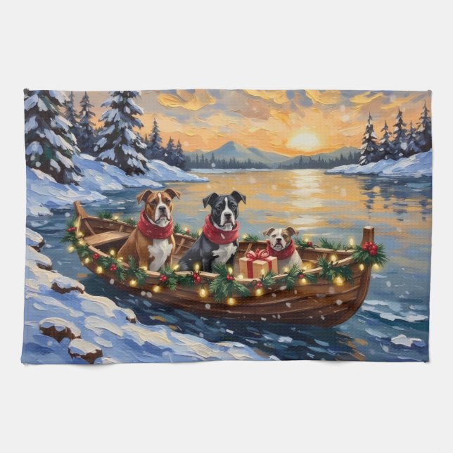 American Staffordshire Terrier Christmas Boat Kitchen Towel (Horizontal)