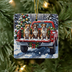 American Staffordshire Terrier Christmas Red Truck Ceramic Ornament