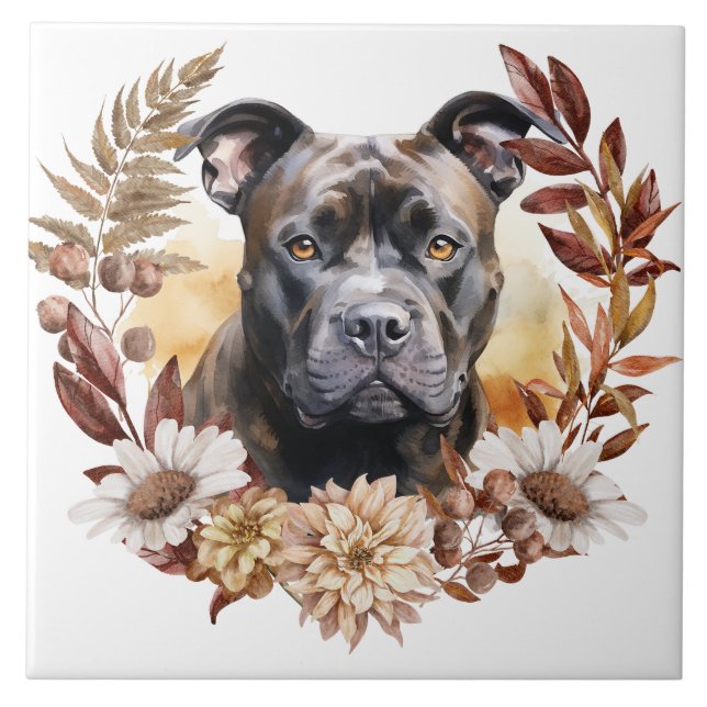 American Staffordshire Terrier Dog Autumn Wreath Ceramic Tile (Front)