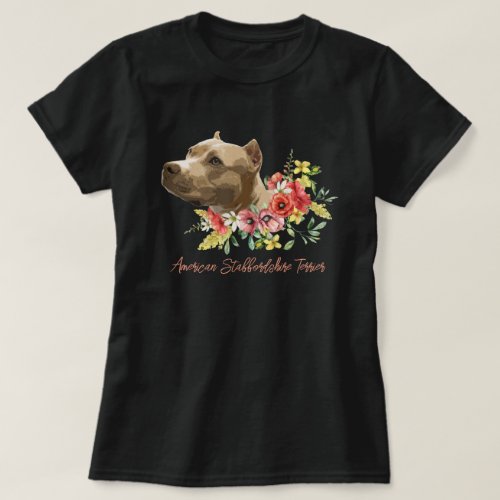 American Staffordshire Terrier Floral Illustration T_Shirt