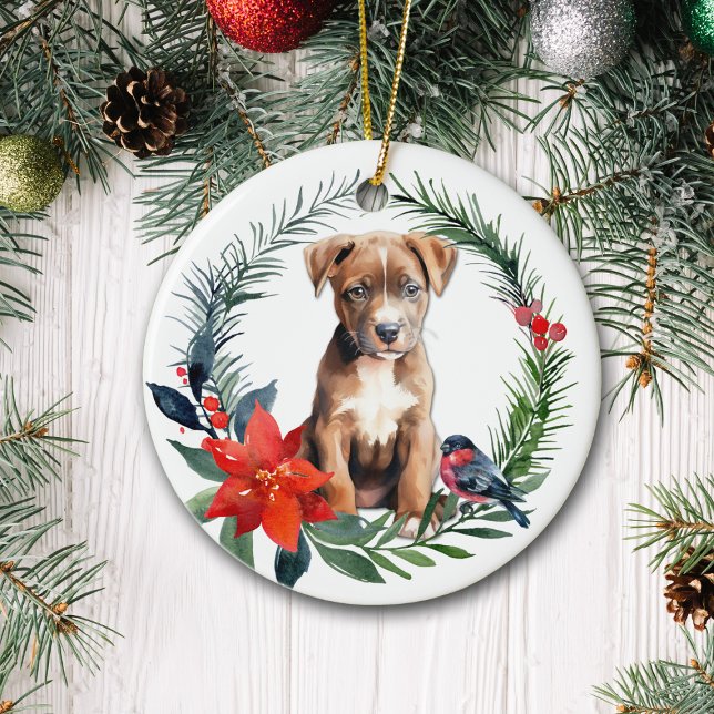 American Staffordshire Terrier Puppy Poinsettia Ceramic Ornament (Creator Uploaded)