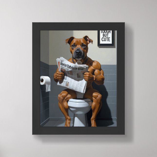 American Staffordshire Terrier Sitting On Toilet  Framed Art (Framed Front)