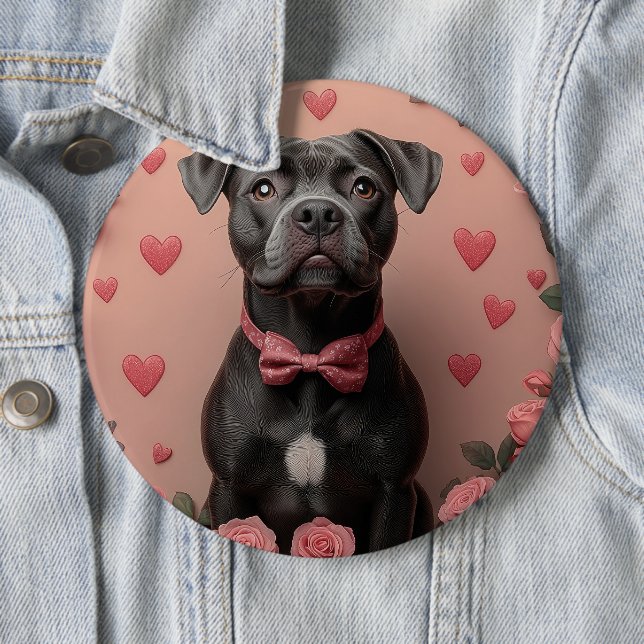 American Staffordshire with Roses -Valentine's Day Button (In Situ)