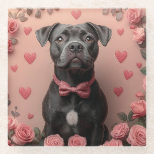 American Staffordshire with Roses -Valentine's Day Glass Coaster