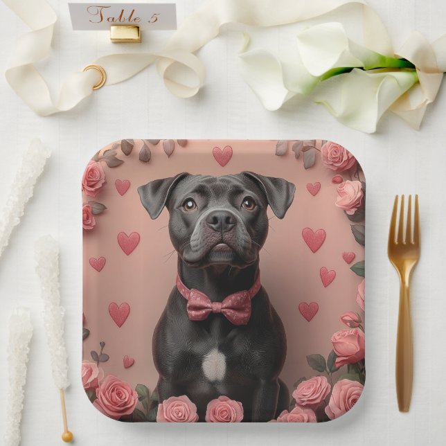 American Staffordshire with Roses -Valentine's Day Paper Plates (Wedding)