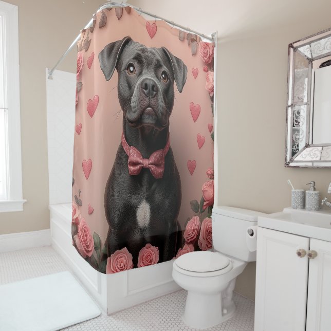 American Staffordshire with Roses -Valentine's Day Shower Curtain (In Situ)