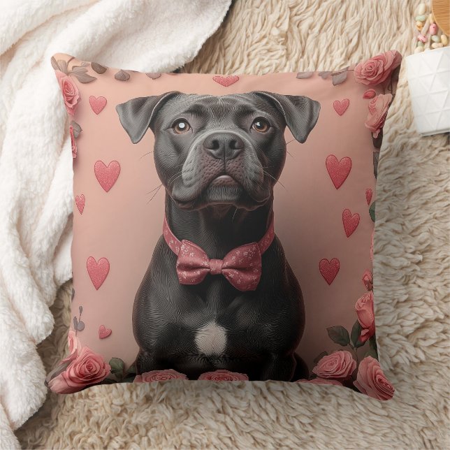 American Staffordshire with Roses -Valentine's Day Throw Pillow (Blanket)