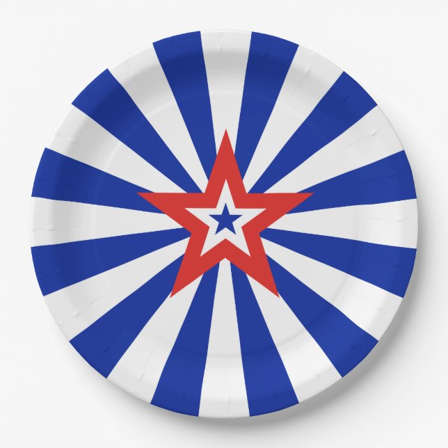 American Star on Radiating Blue and White Stripes Paper Plates (Front)