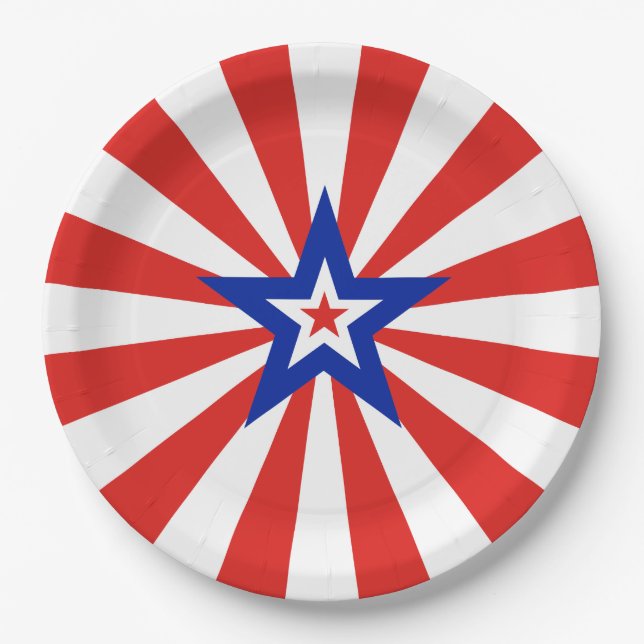 American Star on Radiating Red and White Stripes Paper Plates (Front)