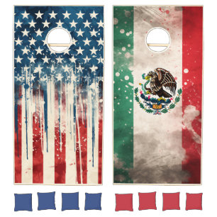 American Stars and Stripes and Mexican Flags Cornhole Set