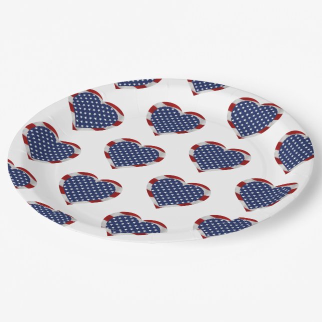 American Stars and Stripes Hearts Patriotic Paper Plates (Angled)