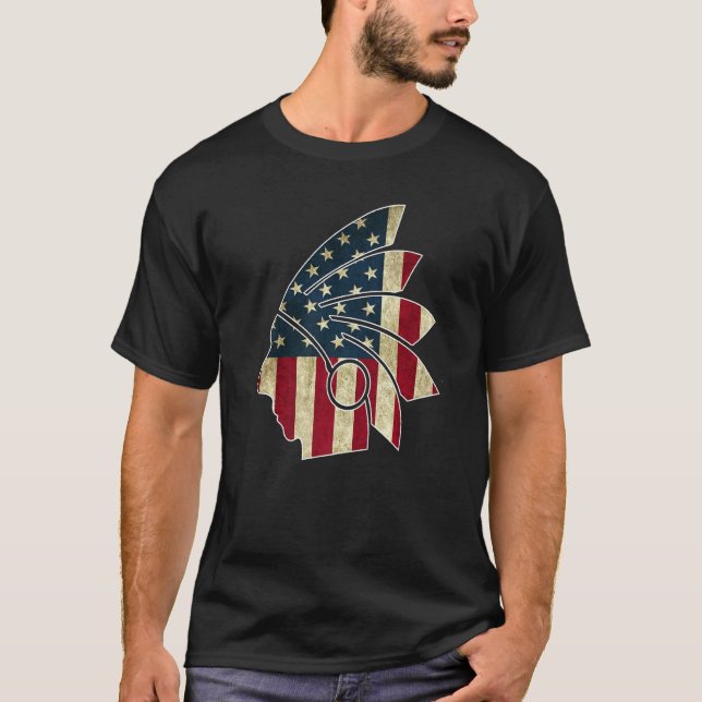 American Tribu Native And Us Flag T-Shirt (Front)