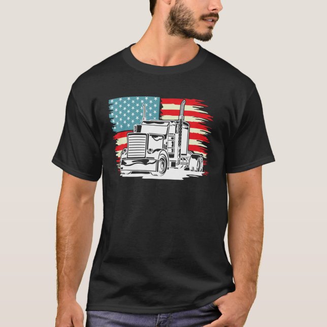 American Truck Driver Patriotic US Flag Semi Trail T-Shirt (Front)