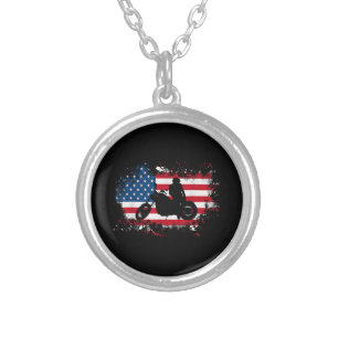 American US Flag Motorcycle Funny Sport Lover  Silver Plated Necklace