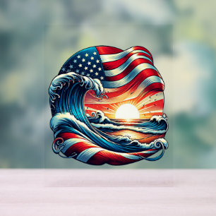 American USA Flag Beach Wave Sunset Patriotic Art Acrylic Sign