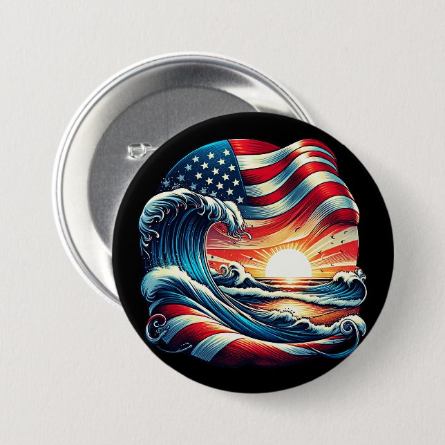 American USA Flag Beach Wave Sunset Patriotic Art Button (Front & Back)