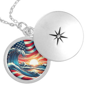 American USA Flag Beach Wave Sunset Patriotic Art Locket Necklace
