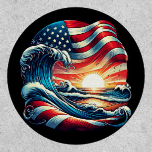 American USA Flag Beach Wave Sunset Patriotic Art Patch