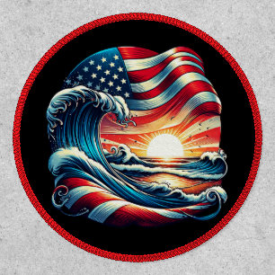American USA Flag Beach Wave Sunset Patriotic Art Patch