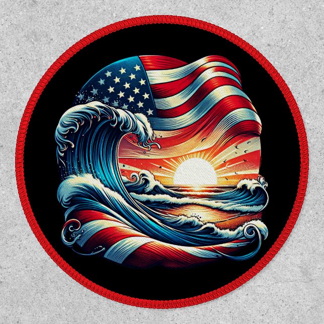 American USA Flag Beach Wave Sunset Patriotic Art Patch (Front)