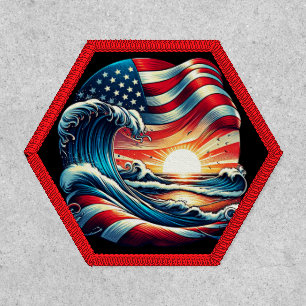 American USA Flag Beach Wave Sunset Patriotic Art Patch