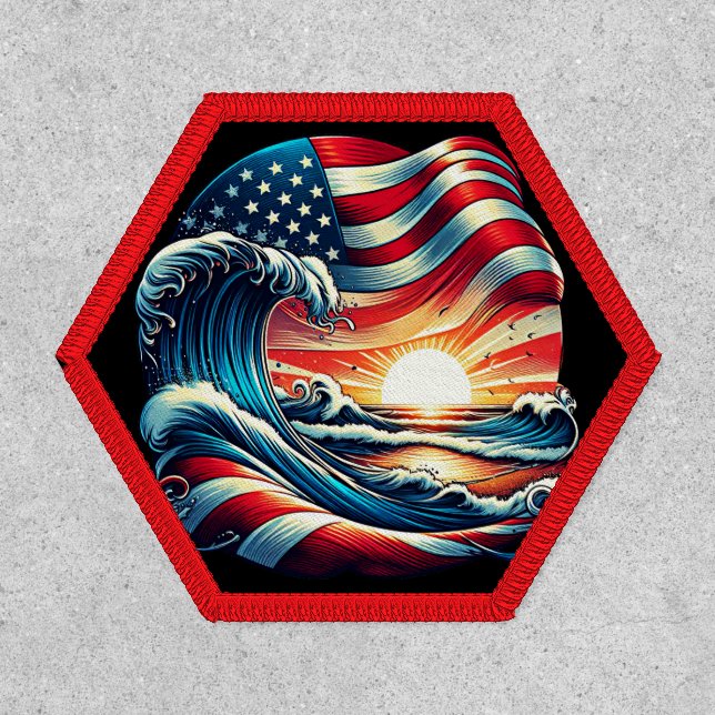 American USA Flag Beach Wave Sunset Patriotic Art Patch (Front)